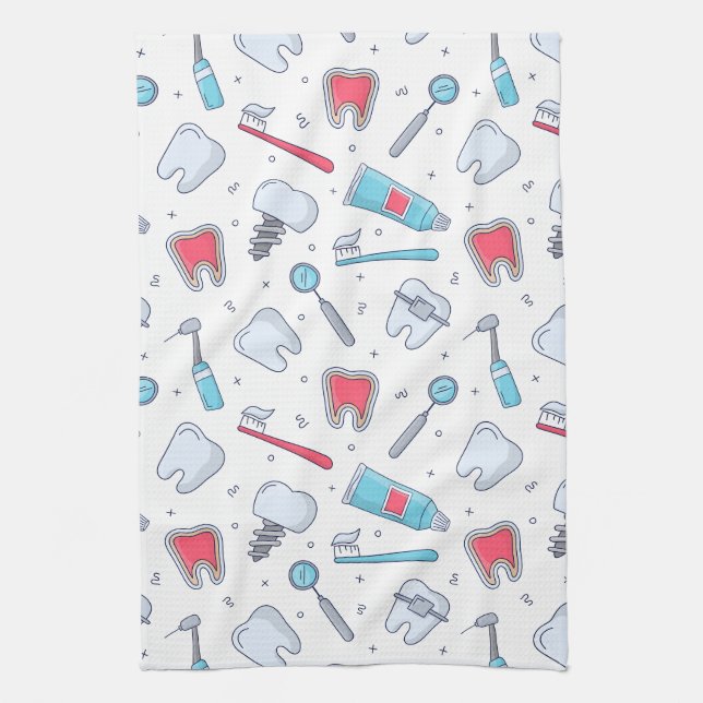 Teeth and Tools Dental Pattern Tea Towel (Vertical)
