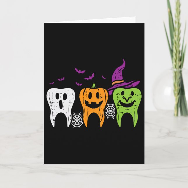 Teeth Ghost Pumpkin Witch Cute Dental Halloween De Card (Front)