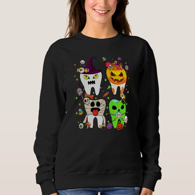 Teeth Ghost Pumpkin Witch Cute Dental Halloween De Sweatshirt (Front)