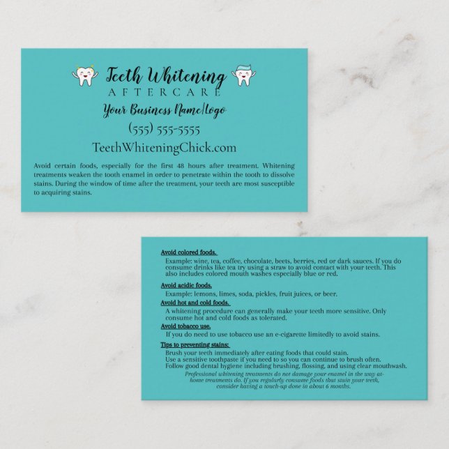 Teeth Whitening Aftercare Instruction Business Card (Front/Back)