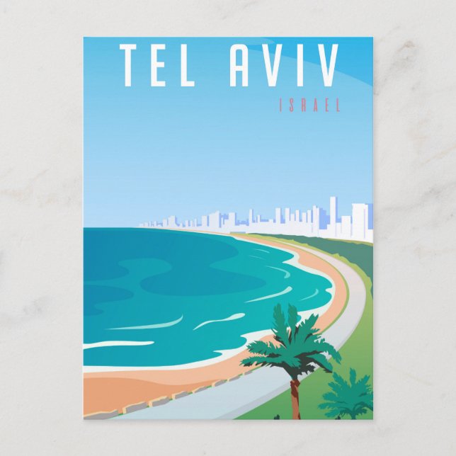 *~* Tel Aviv Israel Postcard Blue Cityscape Palm (Front)