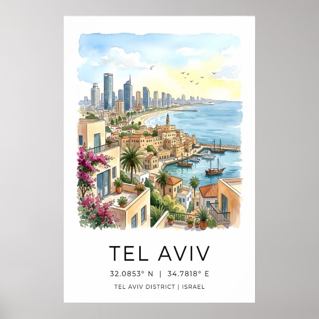 Tel Aviv Skyline Art Print - Harbour, Turquoise (Front)