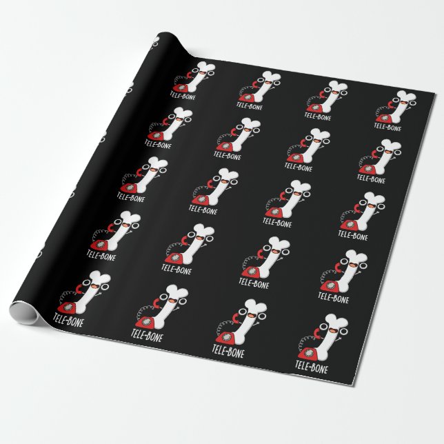 Tele-bone Funny Bone Telephone Pun Dark BG Wrapping Paper (Unrolled)