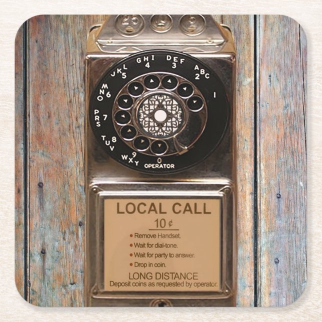 Telephone antique rotary pay phone rugged square paper coaster (Front)