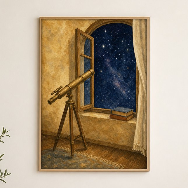 Telescope by the Open Window Watercolour Poster (Shown framed for scale. Poster ships unframed; frames are an optional add-on.)
