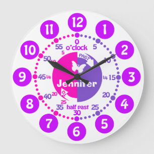 Tell time girls pink purple name learning clock