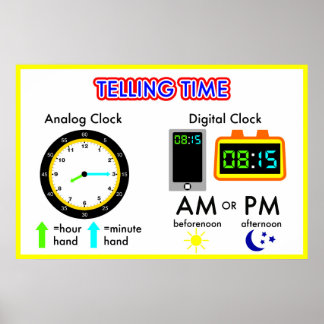 Telling Time on a Analogue Clock and Digital Clock Poster