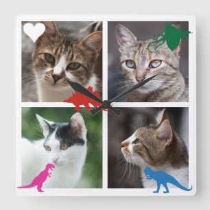 Template 4 Photo Collage Dinosaur Toy Set Square Wall Clock