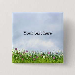 Template, blue sky and meadow of flowers, 15 cm square badge