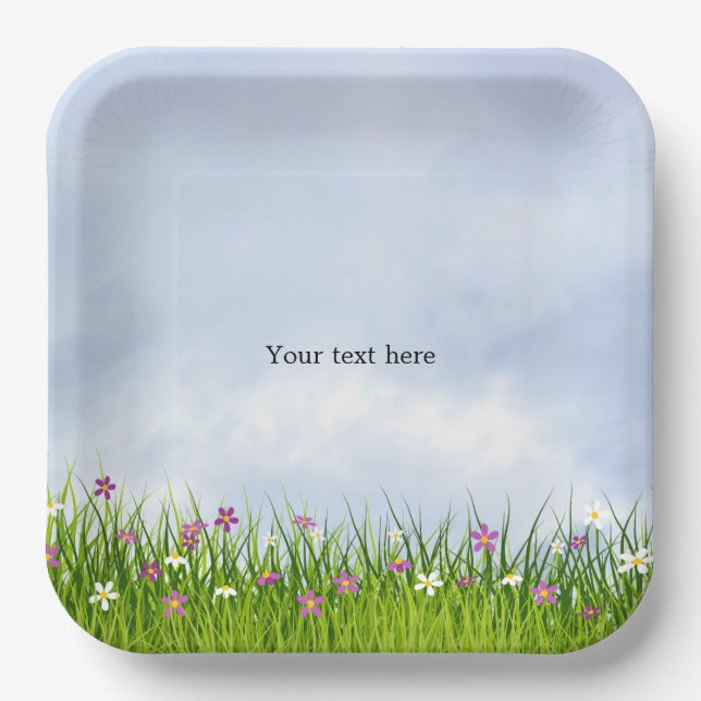 Template, Blue Sky and Summer Flowers, Paper Plate (Front)
