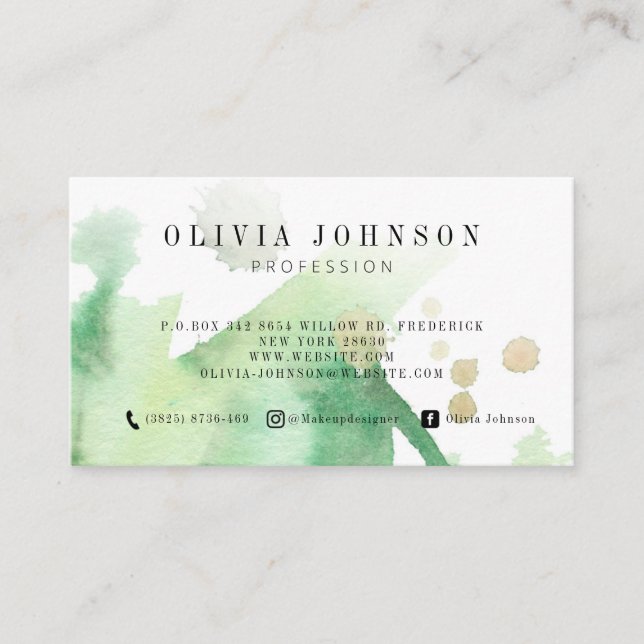 Template Business Cards Green Gold Watercolor Art (Front)