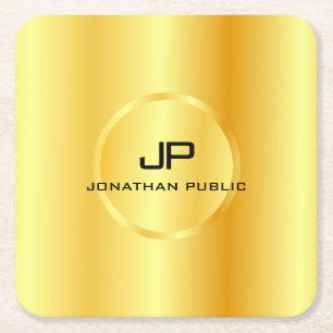 Template Gold Look Elegant Modern Monogram Square Paper Coaster