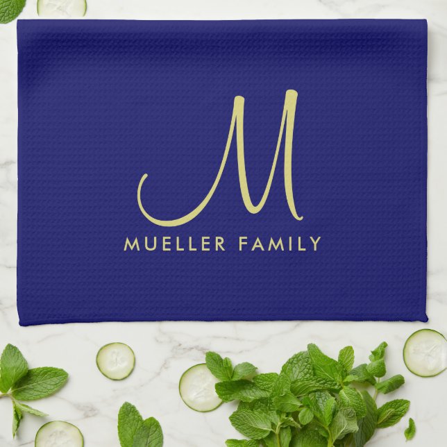 Template Gold Monogram Family Name Navy Blue Tea Towel (Folded)