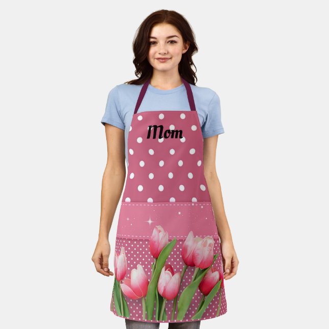Template Pink Tulips on Pink and White Polka Dots Apron (Worn)