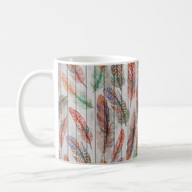 Template seamless pattern with colour feathers. Fr Coffee Mug (Left)