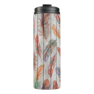 Template seamless pattern with colour feathers. Fr Thermal Tumbler