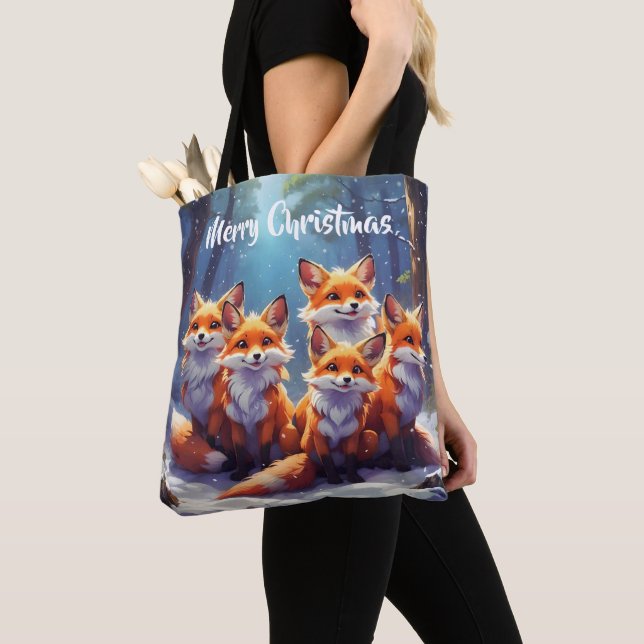 Template Tote Bag Cute Foxes In A Snowy Forest (Close Up)