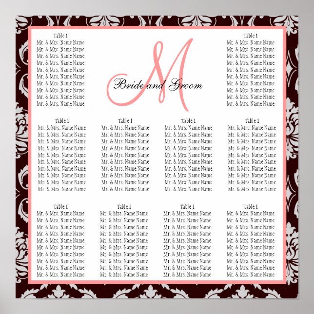 Template Wedding Seating Chart Brown Damask Pink (Front)