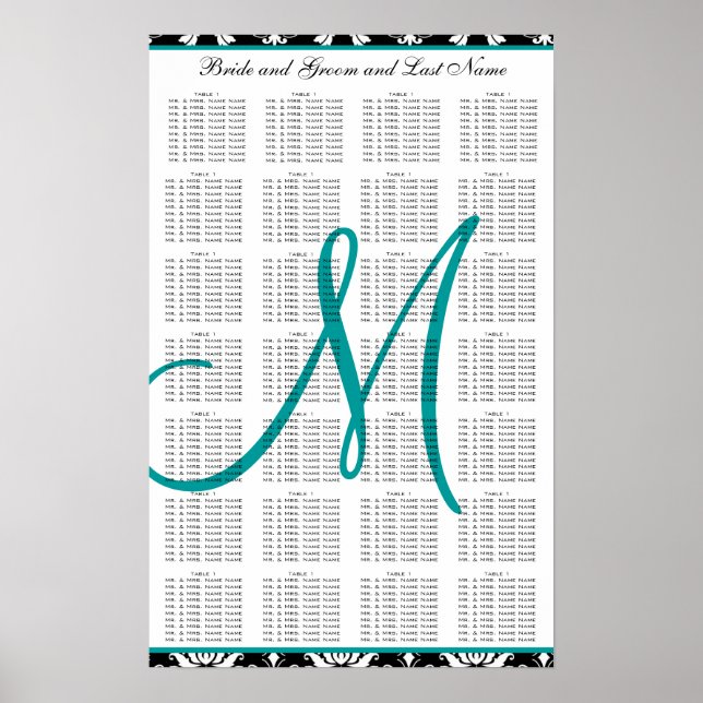 Template Wedding Seating Chart Damask Teal (Front)