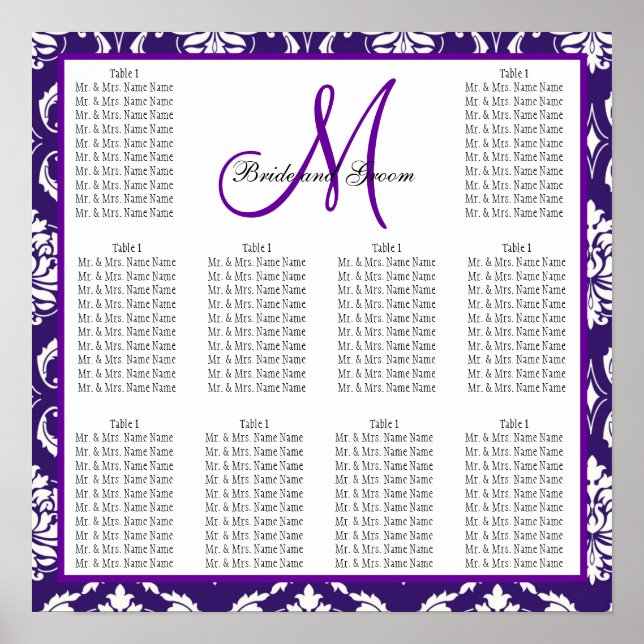 Template Wedding Seating Chart Purple Damask (Front)