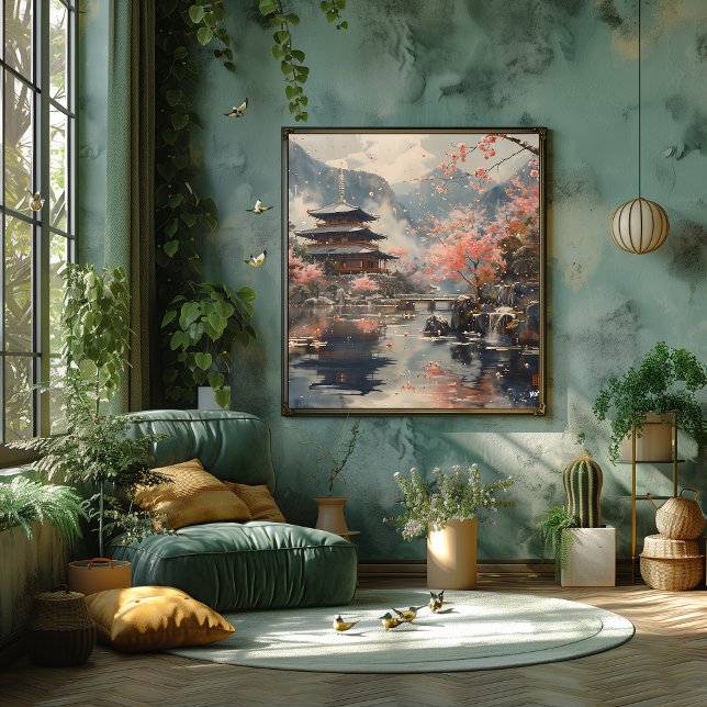 Temple and Cherry in Flower: Impressionist and Rea Poster (Creator Uploaded)