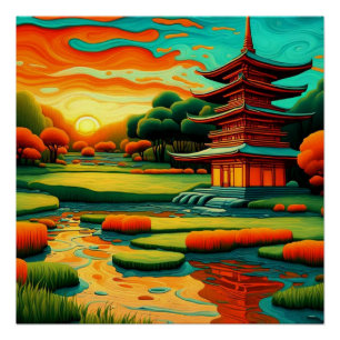 Temple at Sunset 1 Poster