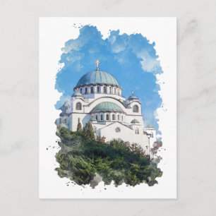 Temple of Saint Sava Serbia Watercolor Art  Postcard