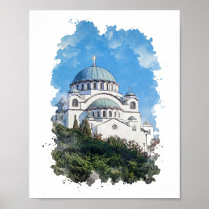 Temple of Saint Sava Serbia Watercolor Art Poster