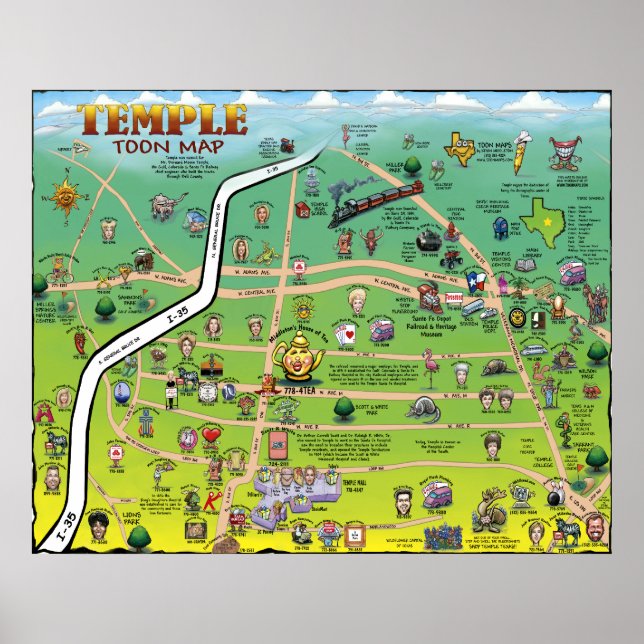 Temple Texas Cartoon Map Poster (Front)