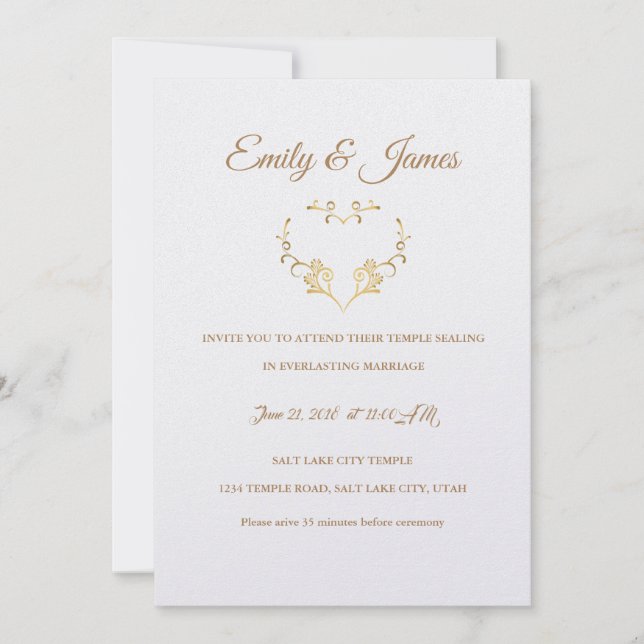 Temple Wedding Invitation-Fancy Gold Heart Invitat Invitation (Front)