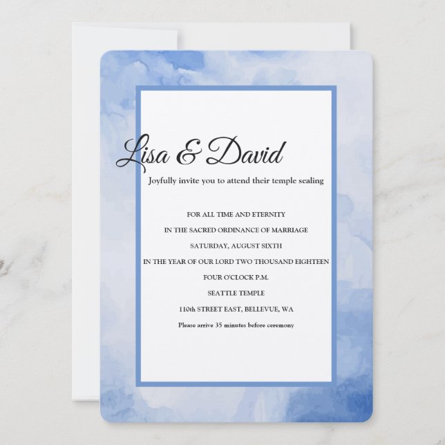 Temple Wedding & Reception Invite-Blue Watercolor Invitation (Front)