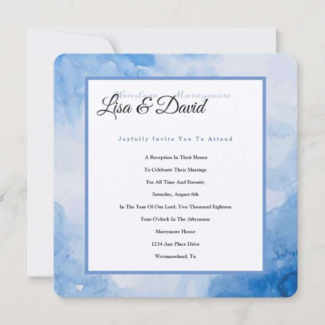 Temple Wedding Reception Invite-Blue Watercolor Invitation (Front)