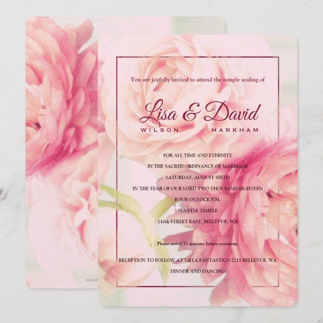 Temple Wedding & Reception Invite-Peonies Invitation (Front/Back)