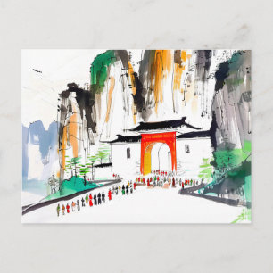 Temple with People in Mountainous Landscape Postcard