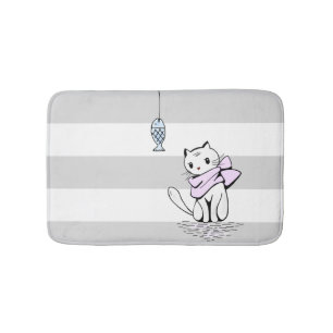 Tempted White Cat & Fish Bath Mat
