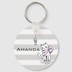 Tempted White Cat & Fish Key Ring