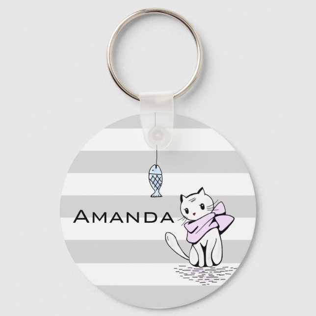 Tempted White Cat & Fish Key Ring (Front)