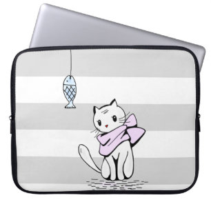 Tempted White Cat & Fish Laptop Sleeve