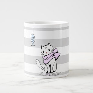Tempted White Cat & Fish Large Coffee Mug