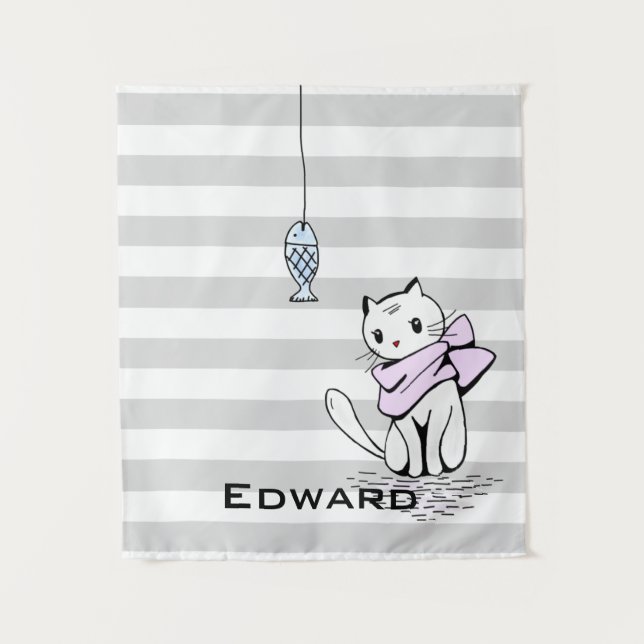 Tempted White Cat & Fish Tapestry (Front)