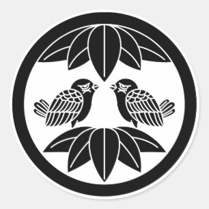 Ten bamboo leaves & facing sparrows in circle classic round sticker