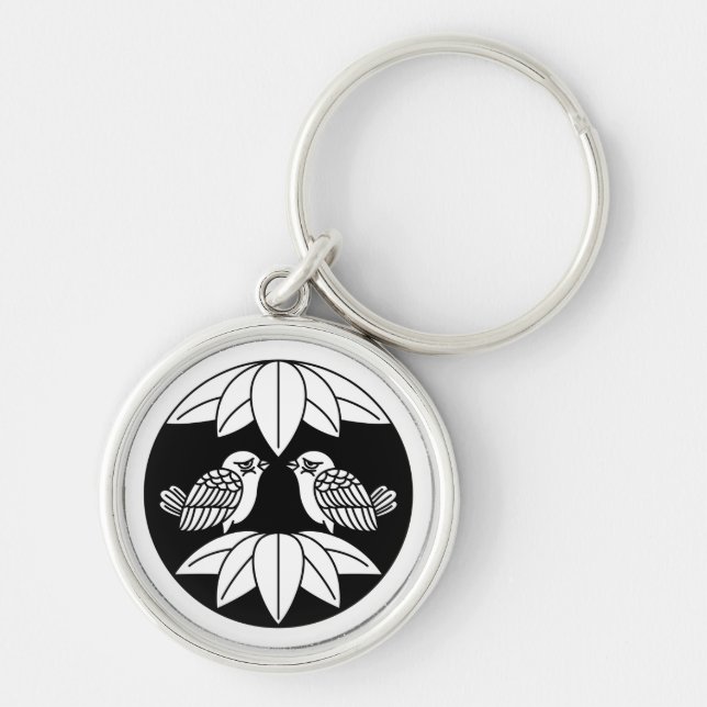 Ten bamboo leaves & facing sparrows in circle key ring (Front)