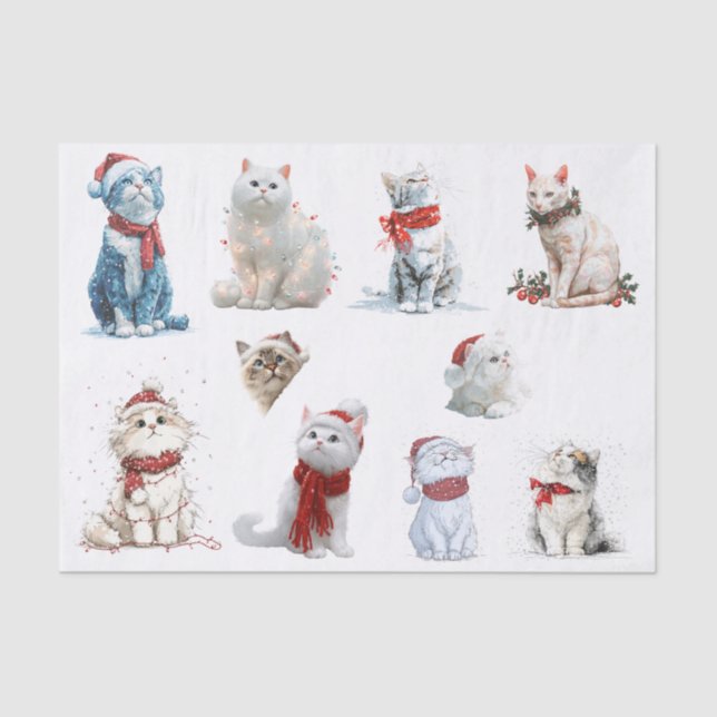 Ten Christmas Cats on a White Background Tissue Paper (Front)