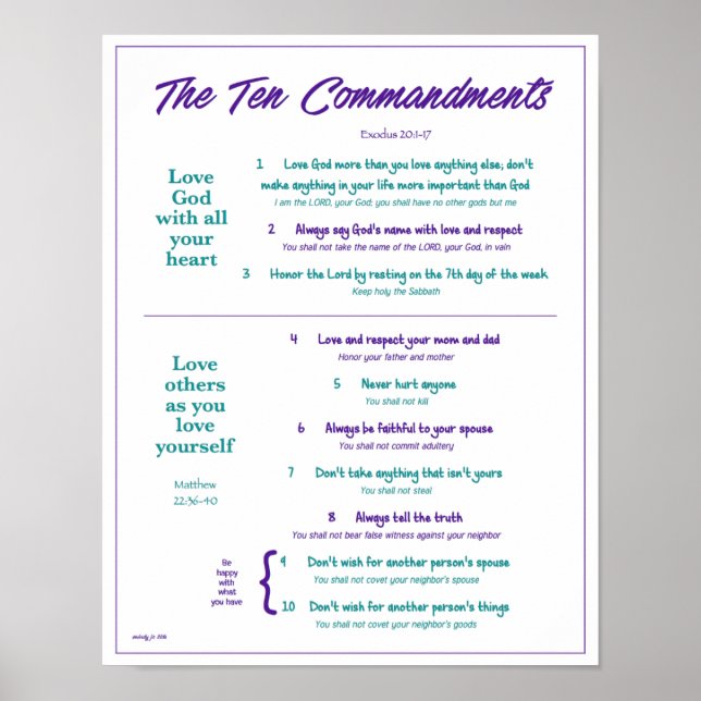 Ten Commandments for Kids--Purple/Teal 2 w/border Poster (Front)