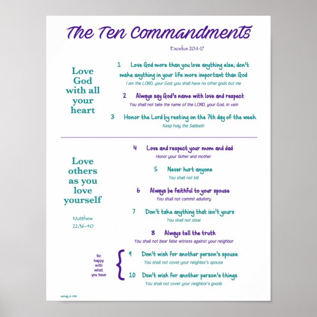 Ten Commandments for Kids--Purple/Teal Poster (Front)
