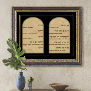 Ten Commandments in Hebrew and English Canvas Art Poster