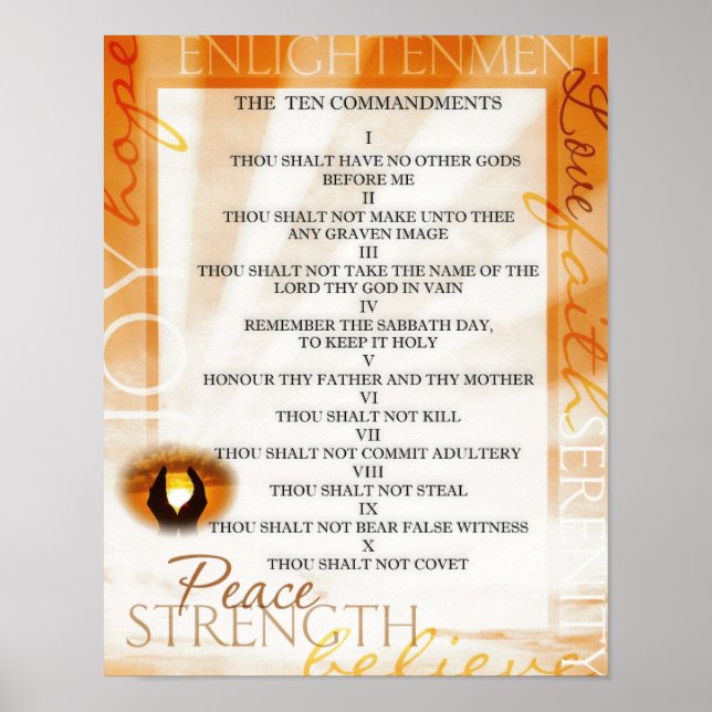 Ten Commandments with Sunset in Praying Hands Poster (Front)