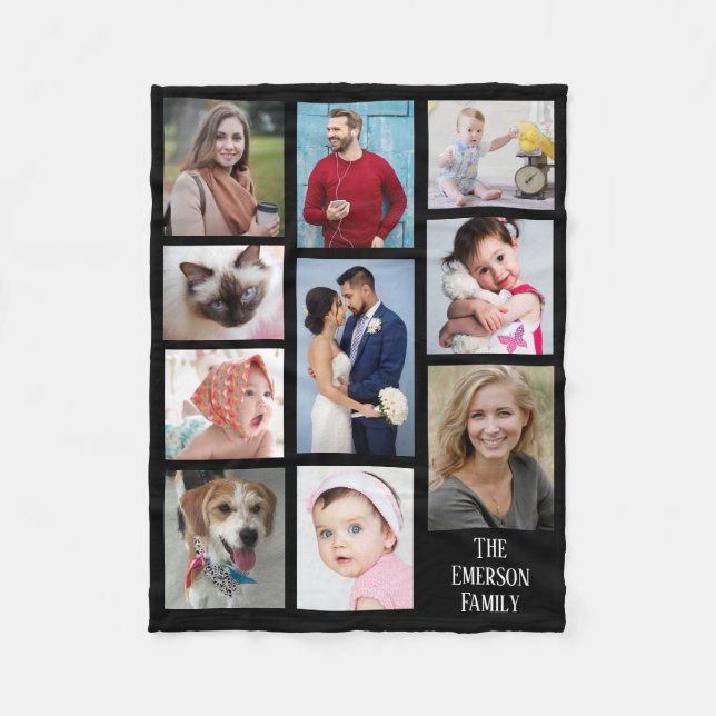 Ten Family Photos With Family Name, Black Fleece Blanket (Front)