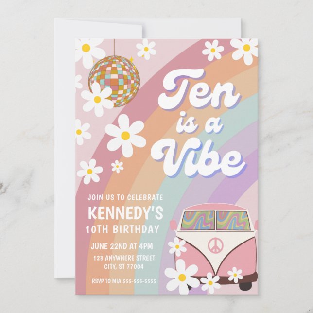 Ten is a vibe 10th birthday invitation groovy girl (Front)