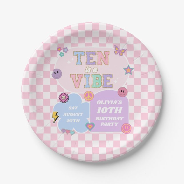Ten Is A Vibe Preppy Patch 10th Birthday Party Paper Plate (Front)